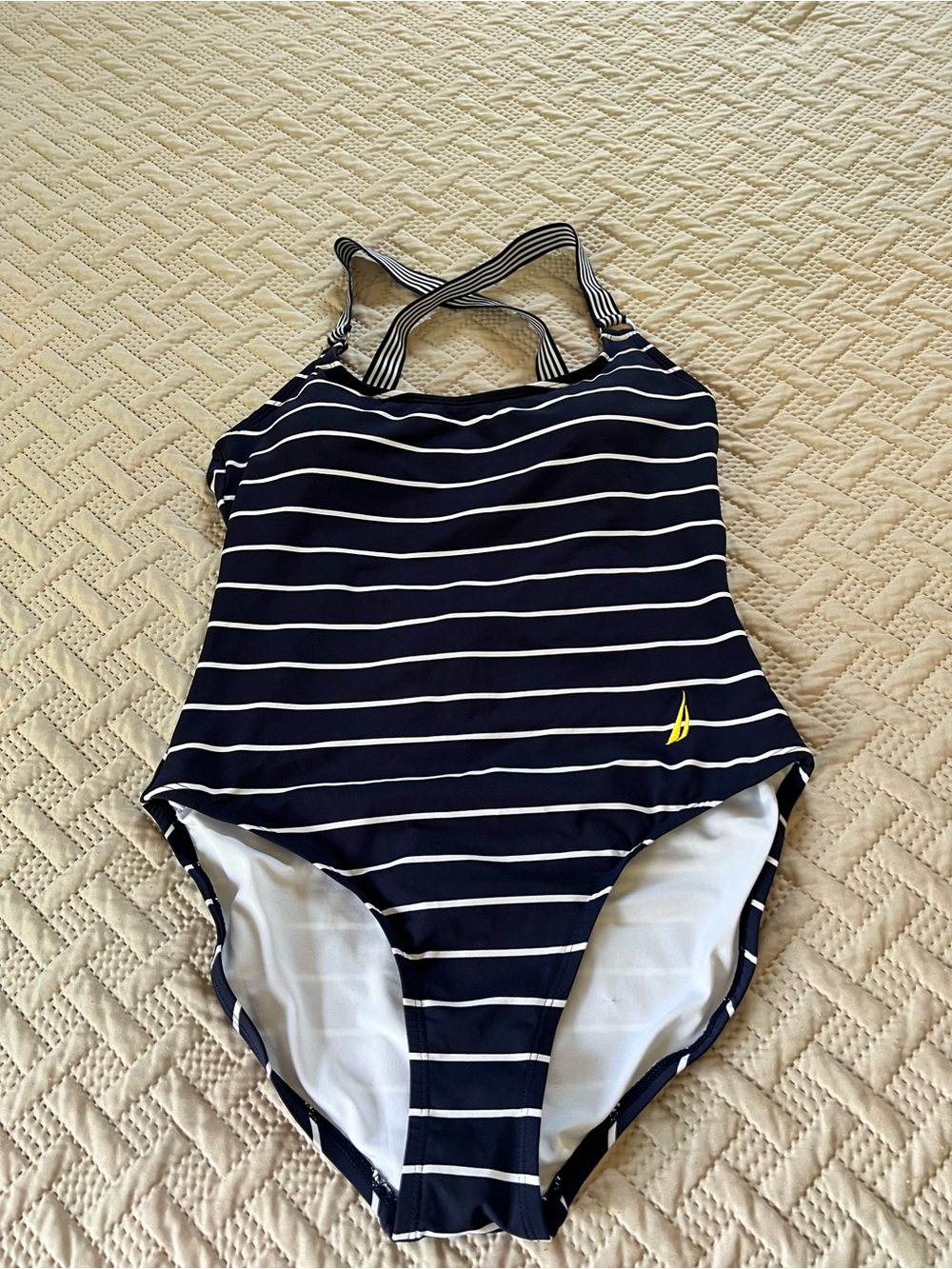 Nautica Navy & White Striped One-Piece Swimsuit with Yellow Sail Logo Size XL